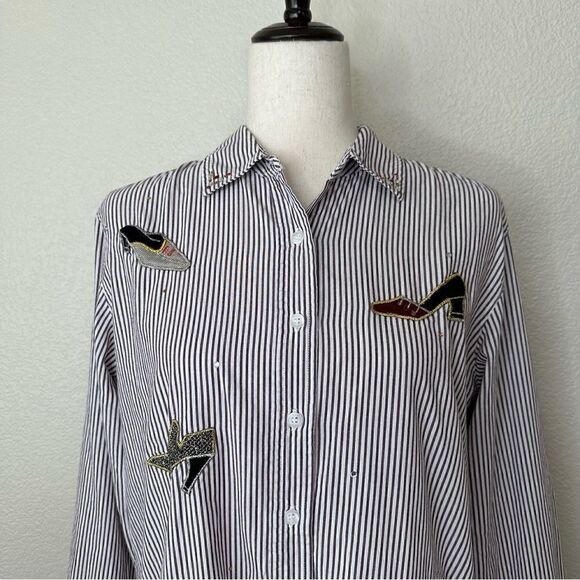 Bobbie Brooks Shoe Appliques Purple White Striped Button Down Shirt - Picture 2 of 13